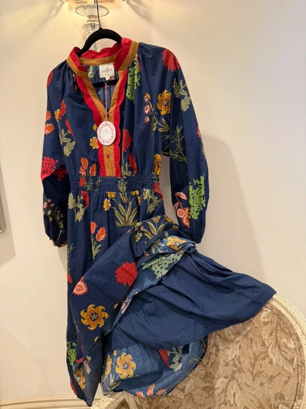 Umgee Floral Maxi Dress NWT, Size Medium, Navy Boho Long Sleeve - Picture 3 of 6
